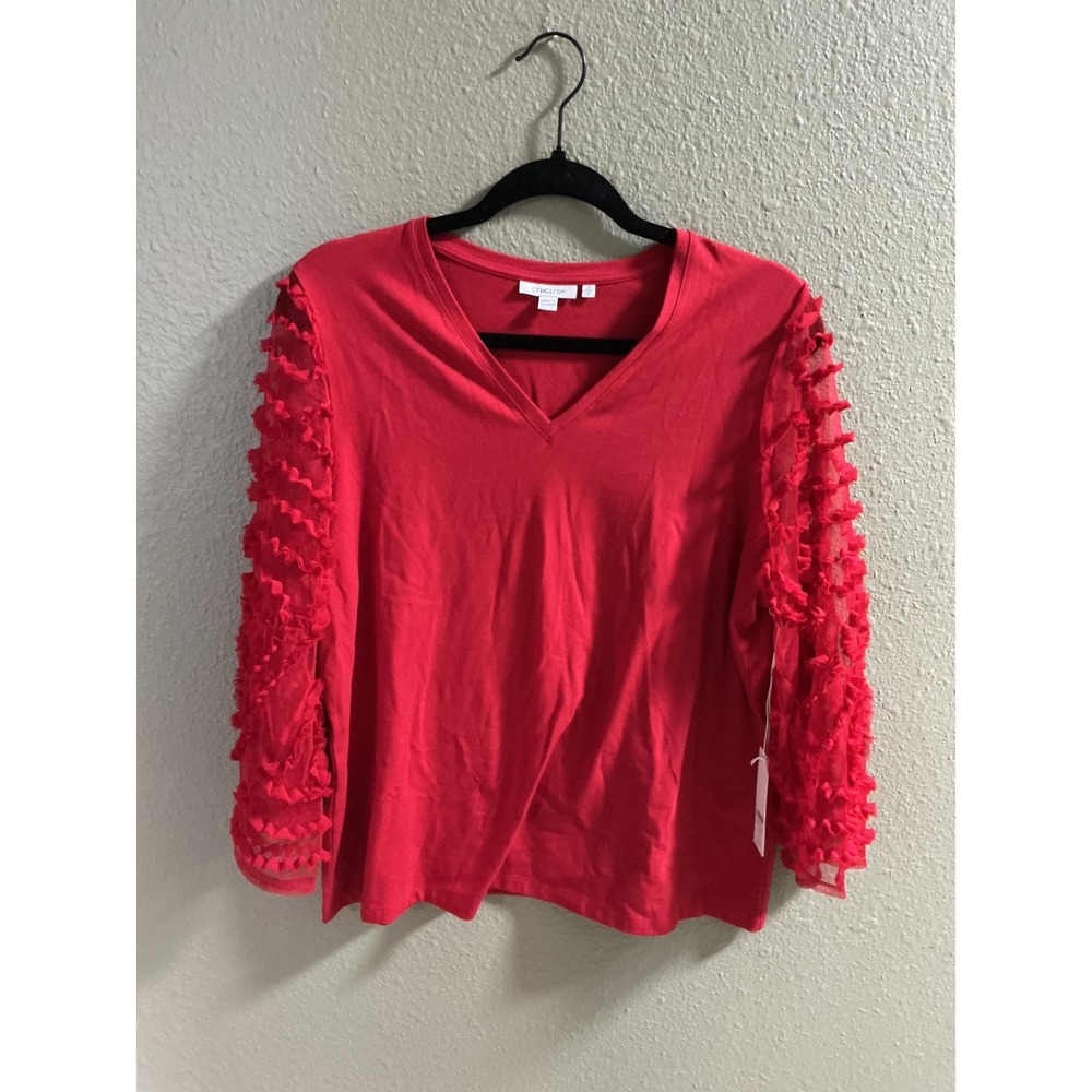 Chicos Wild Poppy Red Sheer Ruffle Sleeve V-Neck Knit Top 570335555 Size 2 L